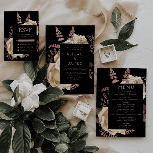 Elegante Moody Dark Floral Ivory Rose Gold Wedding Einladung
