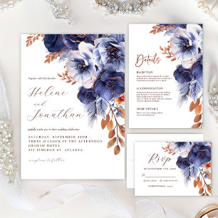 Blaue Terracotta Rost Floral Elegante Hochzeit Einladung
