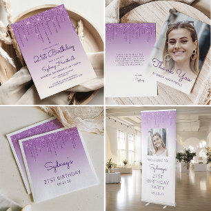Foto Lila Glitter-Tropfen Geburtstag Dankeskarte