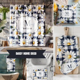 Benutzerdefiniertes Navy-Gingham-Daisy-Monogramm Geschirrtuch