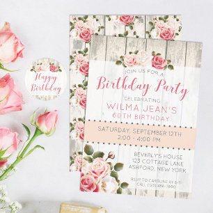 Shabby Chic Rose Rustikales Holz Geburtstag Einlad Einladung