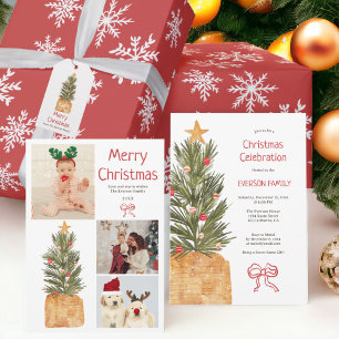 Festliche 4 Fotos Familie Wasserfarbener Weihnacht Feiertagskarte