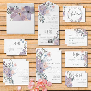 Dusty Lila & Blue Boho Floral Square Wedding Einladung