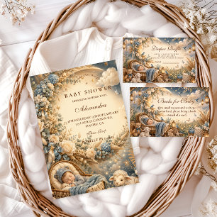 Elegante blaue Boho-Baby-Party Einladung