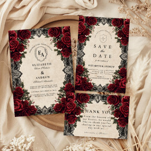 Dunkle Romantik Rote Rose Gothic Hochzeit + Detail Einladung