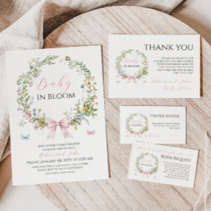 Boho Rustic Baby in Bloom Pink Bow Baby Dusche Einladung