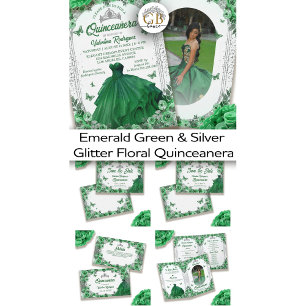Emerald Green Silver Glitzer Floral Quinceanera Save The Date