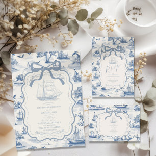 Toile Chic Nautical Bow Wedding Save The Date