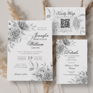 Elegantes Script Wedding Silver Watercolor Floral Einladung