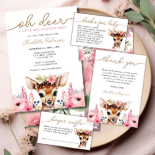 Woodland Deer Pink Gold Floral Girl Babydusche Einladung