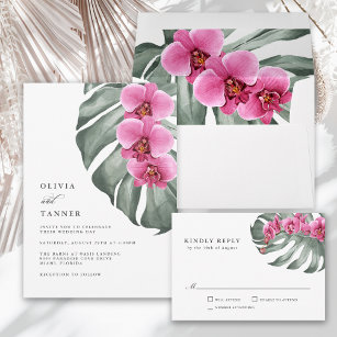 Rosa Orchideen auf der Monstera Tropische Hochzeit Einladung
