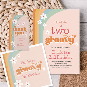 Zwei Groovy Retro Daisies Girl's 2. Geburtstag Einladung
