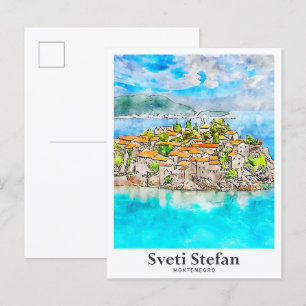 Sveti Stefan Montenegro Reise Aquarell Postkarte
