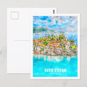 Sveti Stefan Montenegro Reise Aquarell-Skizze Postkarte