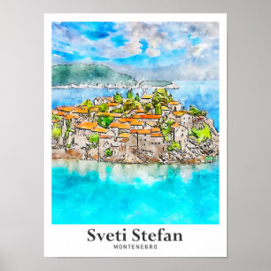 Sveti Stefan Montenegro Reisen Wasserfarbe Poster