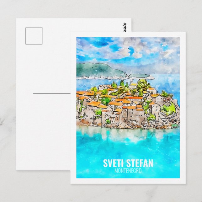 Sveti Stefan Montenegro Reisen Wasserfarbskizze Postkarte (Vorne/Hinten)