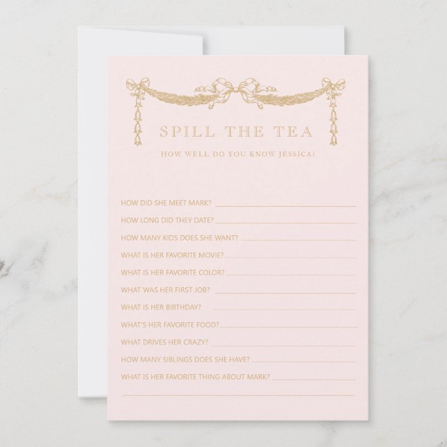 Swag w| Bows | Spill the Tea  Bridal Shower Game Einladung (Vorderseite)