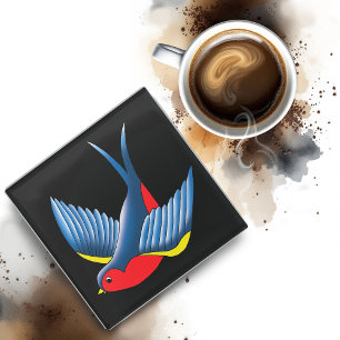 Swallow Red Blue Tattoo Glasuntersetzer
