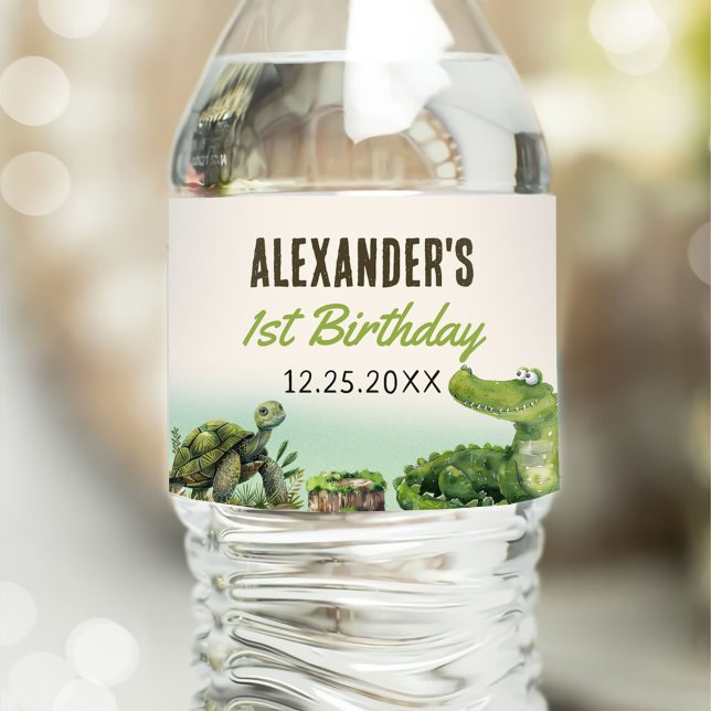 Swamp Reptile 1. Geburtstag Party Wasserflaschenetikett (Von Creator hochgeladen)
