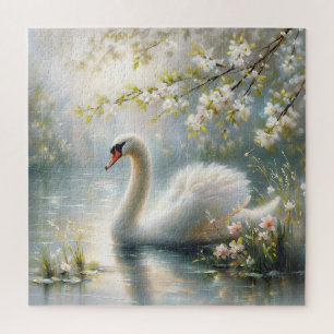Swan auf dem See Blumenmalerei Puzzle