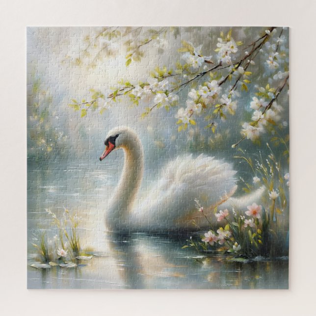 Swan auf dem See Blumenmalerei Puzzle (Vertikal)