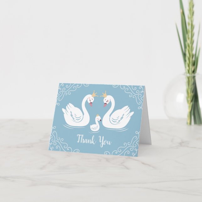 Swan Baby Shower Bird mit Crown Co-Ed Blue Dankeskarte (Vorderseite)
