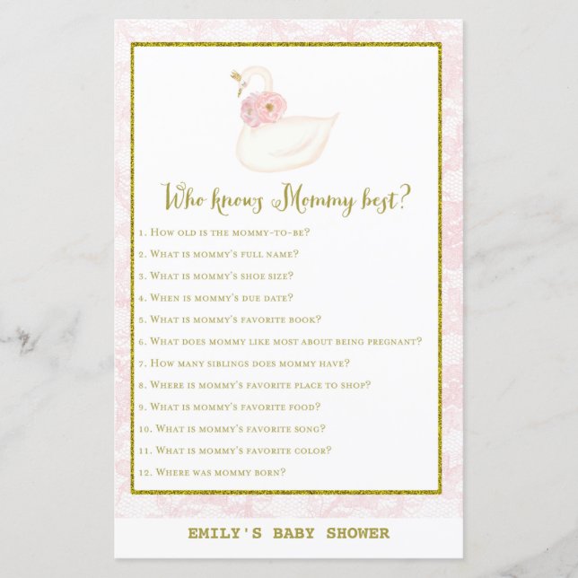 Swan Baby Shower Game PRINTED (Vorderseite)