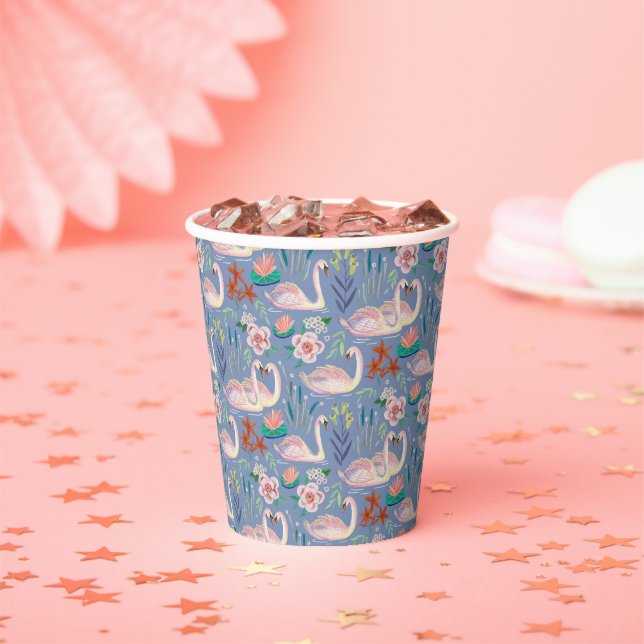 Swan Birds Floral Botanical Blue Pattern Pappbecher (Insitu)
