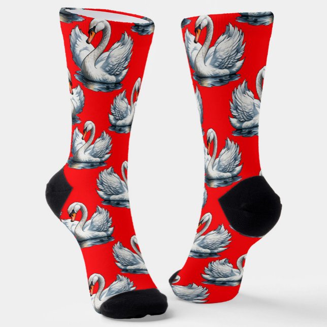 Swan Birds Muster Design auf Rot Socken (Von Creator hochgeladen)