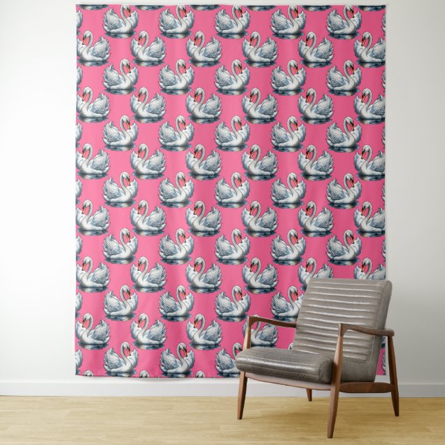 Swan Birds Pattern Design On Pink Wandteppich (Beispiel)