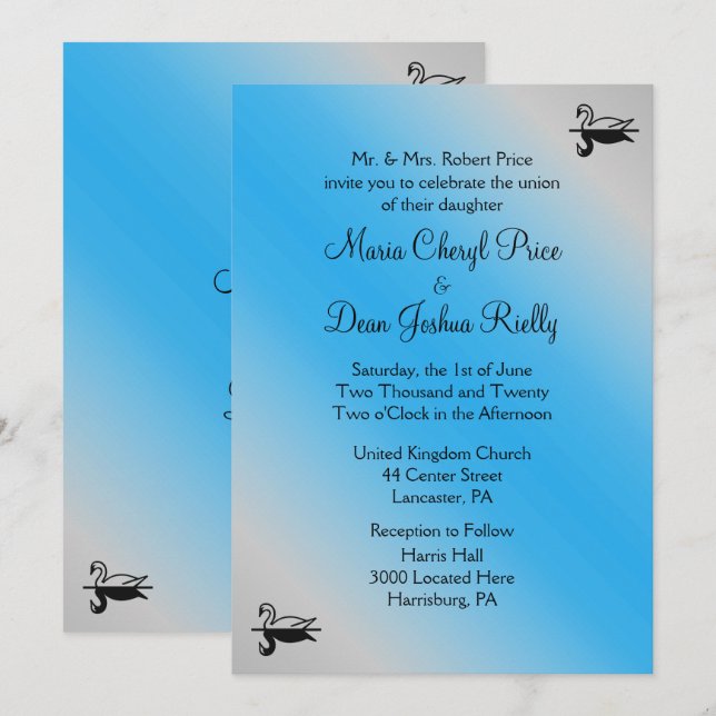 Swan Blue Wedding Einladung (Vorne/Hinten)