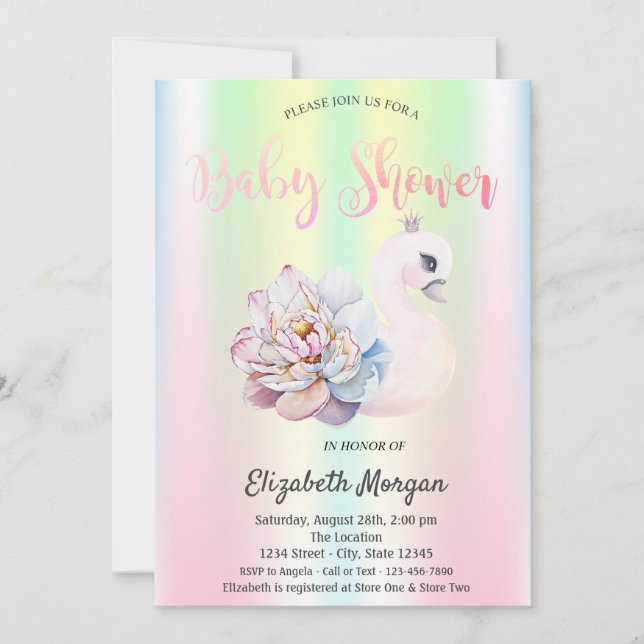 Swan Blume Iridescent Holographic Baby Shower Einladung (Vorderseite)