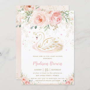 Swan Blush Pink Floral Gold Girl Baby Dusche Einladung