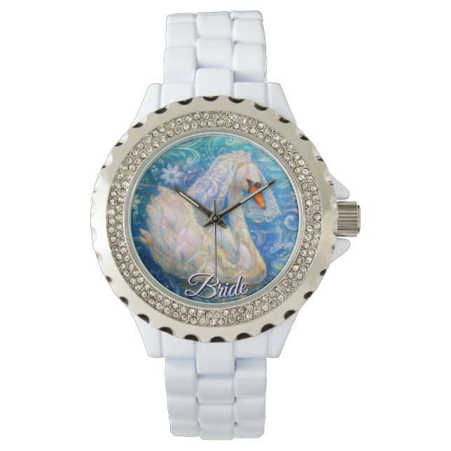 Swan Briw/Veil auf Water Blue White Personalisiert Armbanduhr (Vorderseite)
