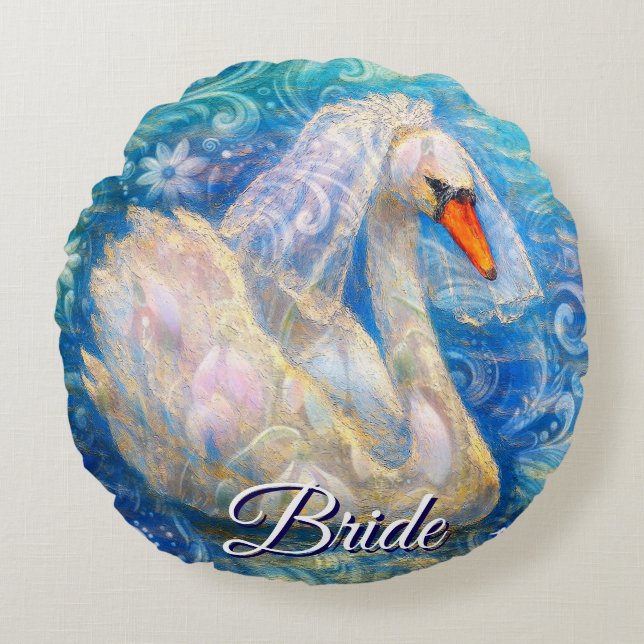 Swan Briw/Veil auf Water Blue White Personalisiert Rundes Kissen (Vorderseite)