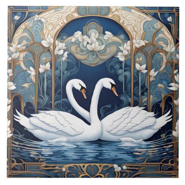 Swan Couple Art Nouveau Bird Kunst, Dichtung und M Fliese (Vorderseite)