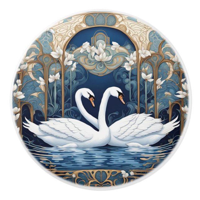 Swan Couple Art Nouveau Bird Kunst, Dichtung und M Keramikknauf (Vorderseite)