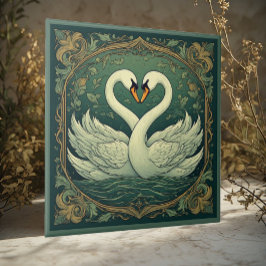 Swan Couple Art Nouveau Forest Green Wall Accent Fliese