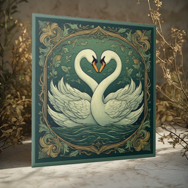 Swan Couple Art Nouveau Forest Green Wall Accent Fliese (Swan Couple Art Nouveau Forest Green Wall Accent Ceramic Tile)