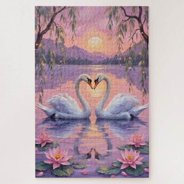 Swan Couple Heart on Pink Sunset Lake Puzzle (Vertikal)