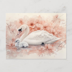 Swan Cygnet und Blush Pink Blume Postkarte