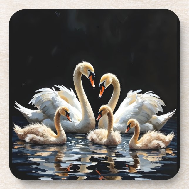 Swan Family on Black Lake Artwork Getränkeuntersetzer (Vorderseite)
