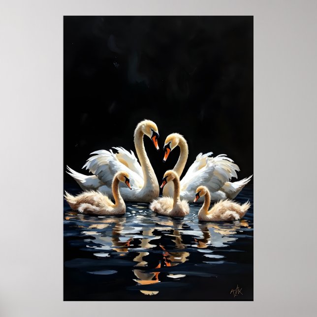 Swan Family on Black Lake Artwork Poster (Vorne)