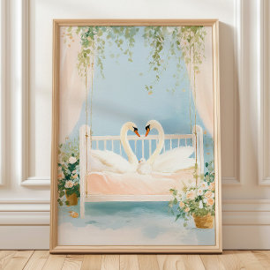 Swan Family Wall Art Print, Romantisches Kinderzim Poster