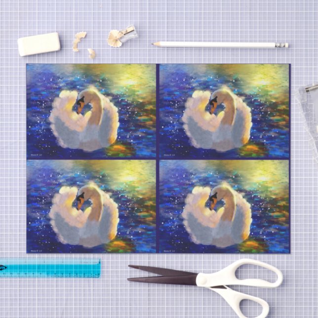 Swan Floating on Sunlit Water Blue White Decoupage Seidenpapier (Handwerk)