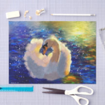 Swan Floating on Sunlit Water Blue White Decoupage