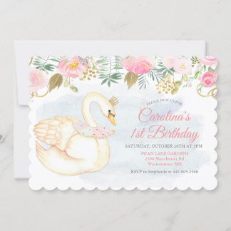 Swan Floral Erster 1. Geburtstag Einladung
