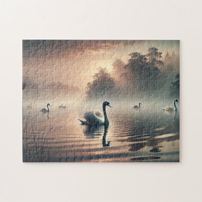 Swan Foggy Lake Sunrise Tranquil Nature Puzzle (Horizontal)