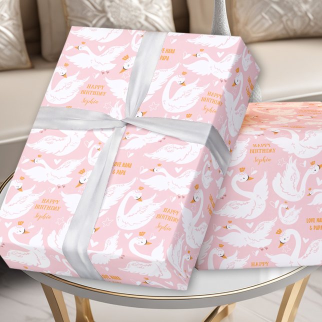 Swan Girl Birthday Name Pink Wrapping Paper Geschenkpapier (Swan Girl Birthday Name Pink Wrapping Paper)
