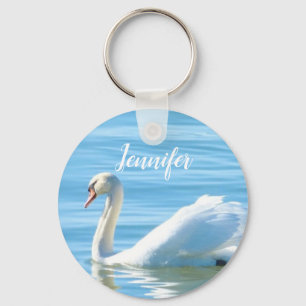 Swan in Blue Water Personalisiert Name Schlüsselan Schlüsselanhänger